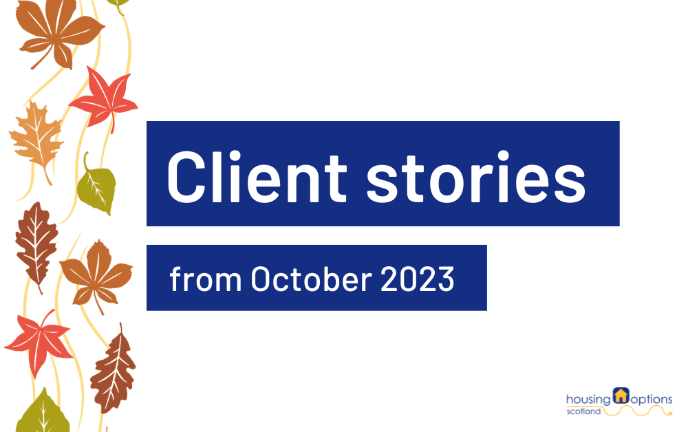 Title graphic for client stories from October 2023. There are red, brown and green leaves to the left.