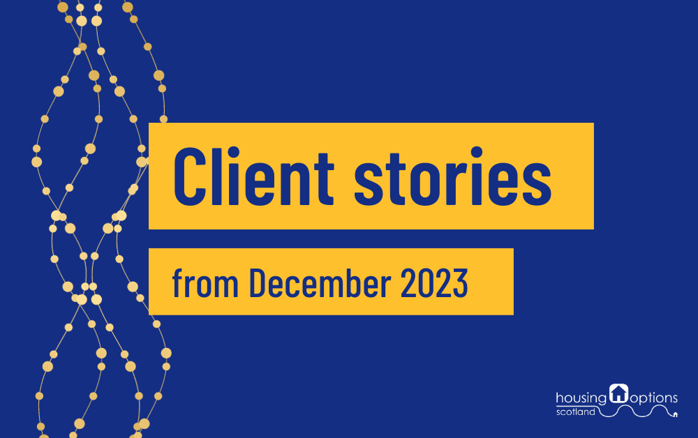 Dark blue background with a gold confetti border on the left. Text reads 'Client stories from December 2023'.