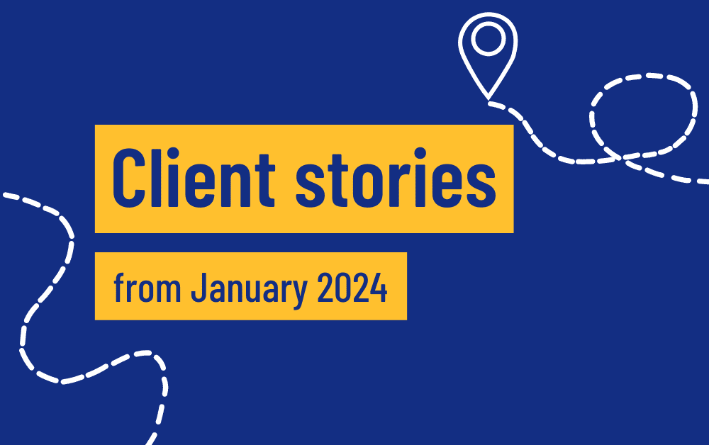 Blue background with text reading 'Client stories from January 2024'