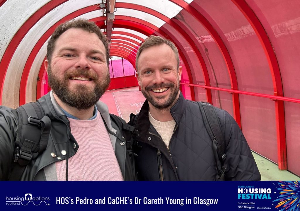 Photo of two men. Caption reads HOS's Pedro and CaCHE's Dr Gareth Young in Glasgow