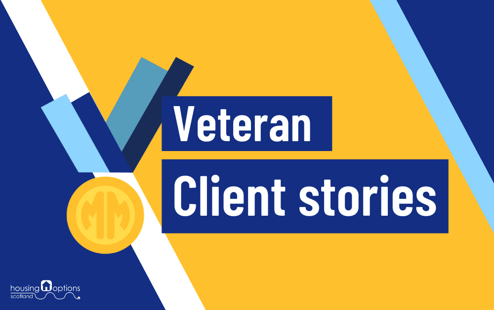Background of yellow and blue stripes with the Military Matters logo and text reading Veteran Client stories