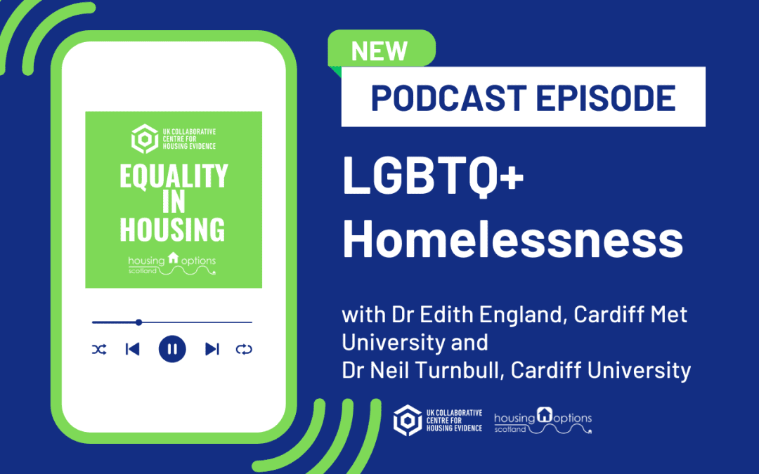 Blue background with white text reading 'Podcast episode LGBTQ+ Homelessness with Dr Edith England, Cardiff Met and Dr Neil Turnbull, Cardiff University