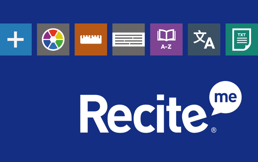 The image features a series of accessibility icons at the top, including a plus sign, color wheel, ruler, text alignment, dictionary, language translation, and text formatting. Below these icons, the "Recite Me" logo is prominently displayed on a solid blue background. The logo includes the word "Recite" in bold white letters with a speech bubble containing the word "me" on the right side.