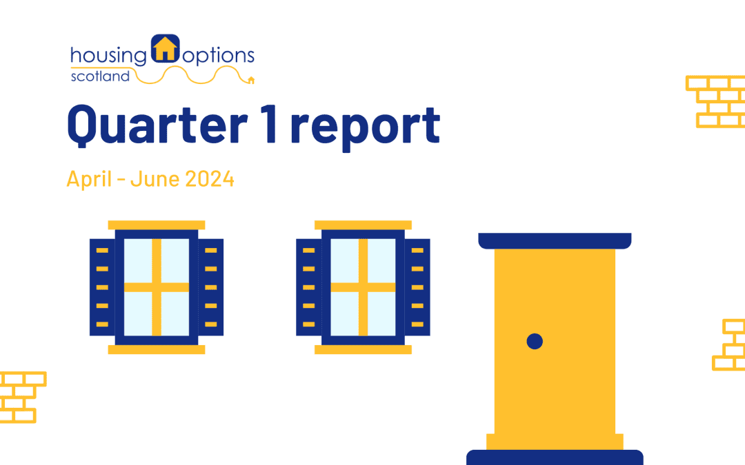 A graphic titled 'Quarter 1 report' with the Housing Options Scotland logo at the top. The subtitle reads 'April - June 2024'. The design includes stylized images of two windows and a door in blue and yellow colors. The background is white, and there are yellow bricks on the edges.